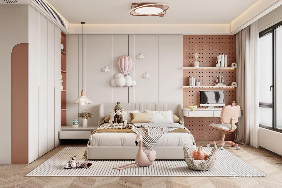 Kids Room Interior Design With Cozy Bed Study Desk Decorative Toys And Soft Lights 3d model 