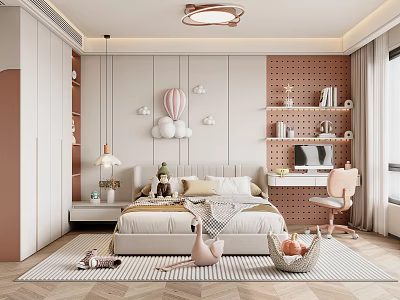 Kids Room Interior Design With Cozy Bed Study Desk Decorative Toys And Soft Lights 3d model