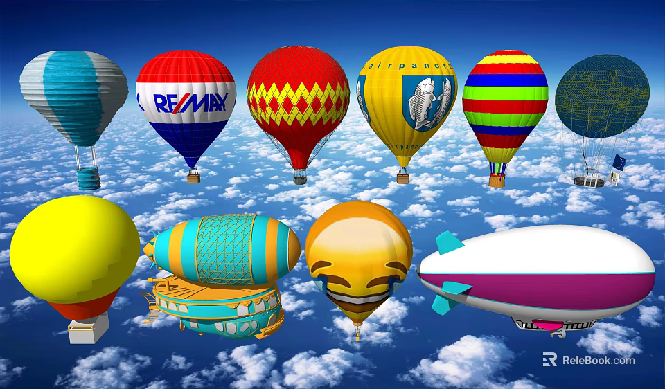 Colorful Amusement Rides Featuring Hot Air Balloons And Airships In Blue Sky With White Clouds 3d model 