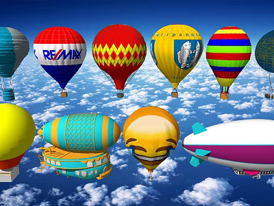 Colorful Amusement Rides Featuring Hot Air Balloons And Airships In Blue Sky With White Clouds 3d model