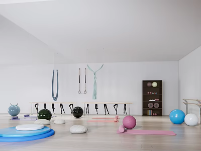 Fitness Equipment Including Yoga Balls Mats Blocks Aerial Hammocks In Indoor Studio With Wooden Floor 3d model