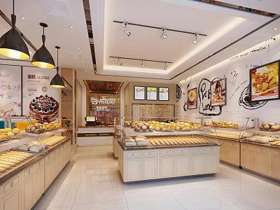 Sweet Shop Interior Design With Display Cases Fresh Pastries And Decorative Paintings 3d model