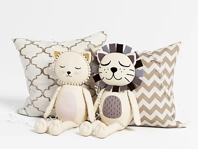 Cute Beige Cat and Lion Stuffed Toys with Chevron and Quatrefoil Pattern Decorative Cushions 3d model
