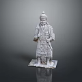 Man Statue Standing In Traditional Attire Holding Sword With Detailed Carving