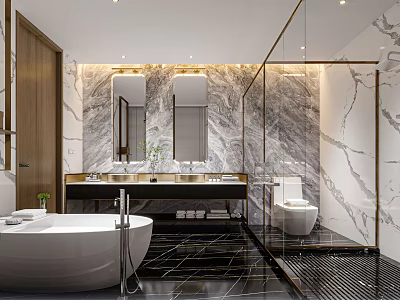 Elegant Modern Bathroom Interior With Marble Walls Double Vanity Bathtub And Glass Shower Enclosure 3d model