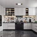 Modern Kitchen With Open Layout White Cabinets Black Appliances Hexagon Tile Backsplash And Large Windows 3d model
