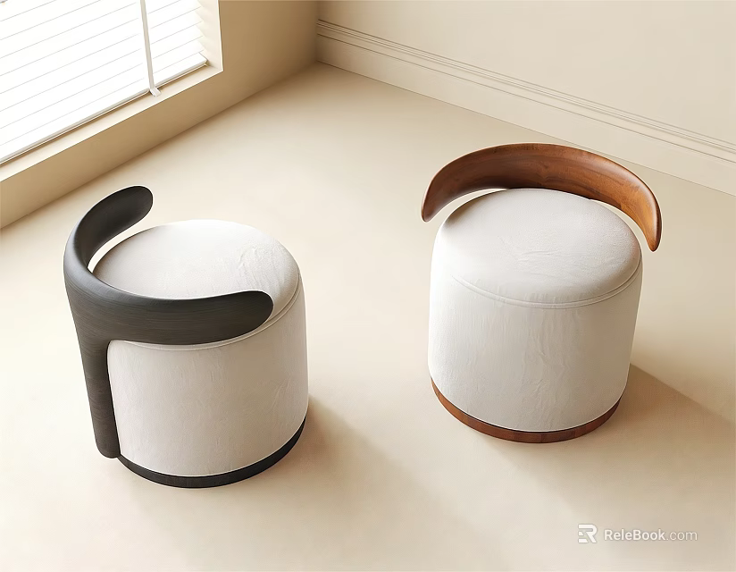 Elegant Modern Round Sofa Stools With White Upholstery Black Brown Armrests 3d model 