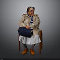 Elderly Woman Sitting On Chair With Beige Coat Blue Polka Dot Bag And Orange Shoes