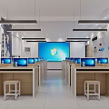 Bright Public Office Space With Multiple Computers Large Screen Wooden Desks And White Stools 3d model