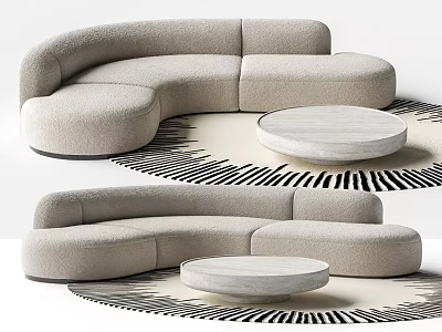 Plush Curved Beige Sofa and Round Coffee Table Set on Black and White Striped Rug 3d model