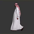 A Man In Traditional White Thobe And Pink Ghutra Standing Against Gray Background