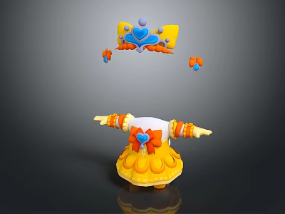 Yellow Dress With Orange Accents And Headpiece Featuring Blue Heart Decor 3d model