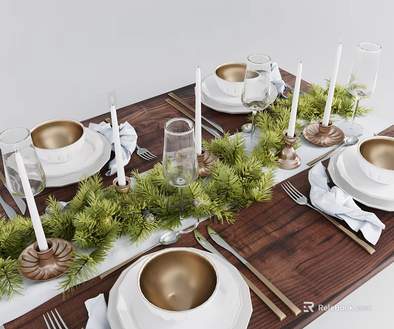 Dinnerware Set With Gold Bowls White Plates Glassware Green Garland White Candles On Walnut Table 3d model 