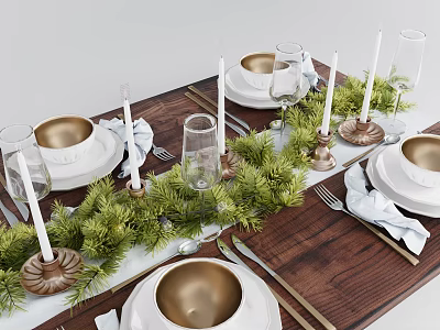 Dinnerware Set With Gold Bowls White Plates Glassware Green Garland White Candles On Walnut Table 3d model