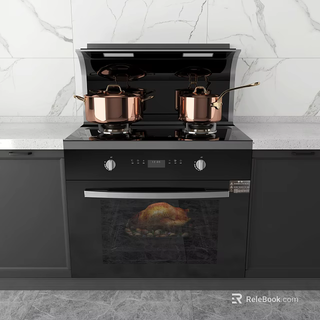 Sleek Black Integrated Kitchen Stove With Copper Pots And Oven Roasting Chicken On Gray Countertop 3d model 