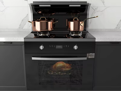 Sleek Black Integrated Kitchen Stove With Copper Pots And Oven Roasting Chicken On Gray Countertop 3d model