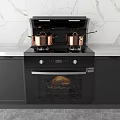 Sleek Black Integrated Kitchen Stove With Copper Pots And Oven Roasting Chicken On Gray Countertop