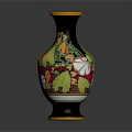 Decorative Dark Green Vase With Golden Rim And Colorful Floral Patterns