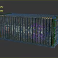 Weathered Blue Green Shipping Container With Graffiti Art And Yellow Warning Stripes