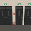 Dark Gray Double Doors with Glass Panels Emergency Exit Signs and Red Fire Extinguisher
