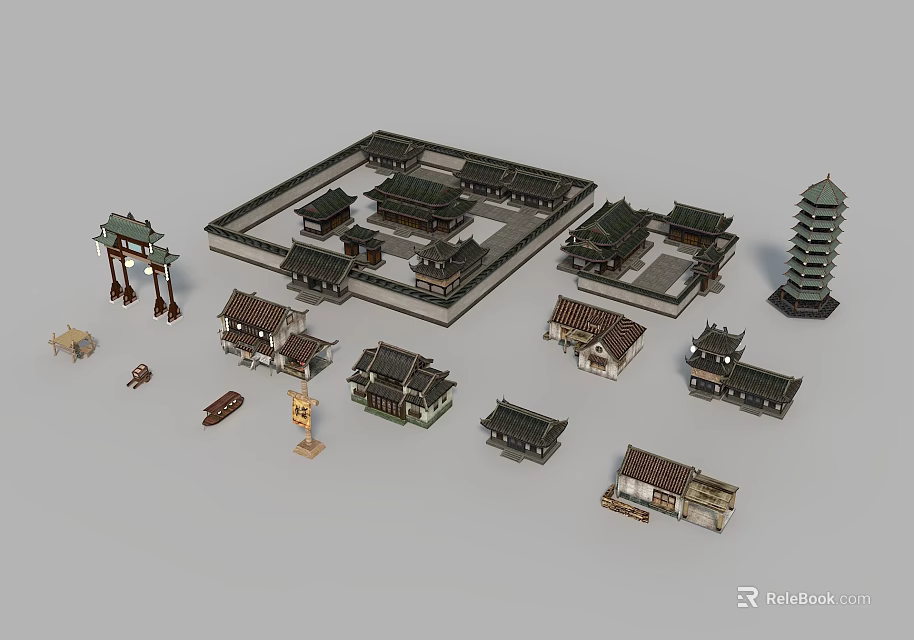 Ancient Traditional Architecture Scene With Courtyard Pagoda Archway And Buildings 3d model 