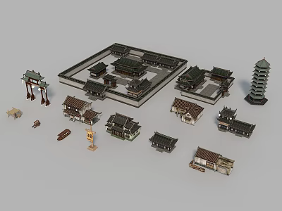 Ancient Traditional Architecture Scene With Courtyard Pagoda Archway And Buildings 3d model