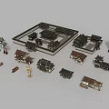 Ancient Traditional Architecture Scene With Courtyard Pagoda Archway And Buildings