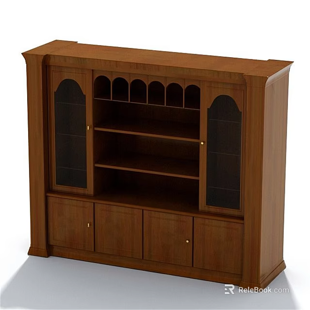 Traditional Wooden Storage Cabinet With Glass Doors Multiple Shelves And Bottom Drawers 3d model 