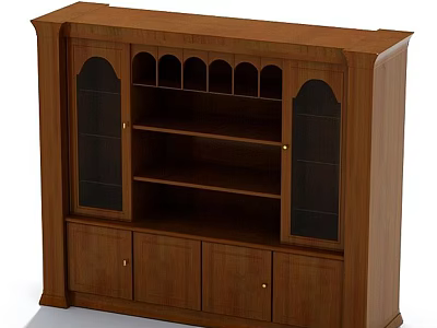 Traditional Wooden Storage Cabinet With Glass Doors Multiple Shelves And Bottom Drawers 3d model