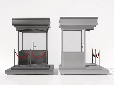 Two Security Booths in Different Colors with Red Stanchion Ropes and Transparent Glass Windows 3d model