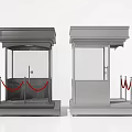 Two Security Booths in Different Colors with Red Stanchion Ropes and Transparent Glass Windows