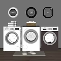 Three Modern Washing Machines White And Purple With Wall Mounted Dryers Towels And Laundry Balls
