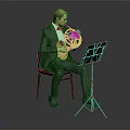 Man in Black Suit With Bow Tie Playing French Horn on Chair Near Music Stand