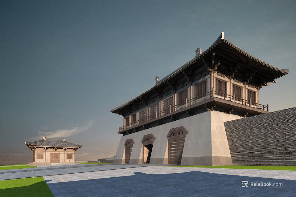 Ancient Chinese Architecture with Traditional Wooden Eaves Stone Walls and Courtyard 3d model 