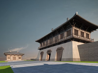 Ancient Chinese Architecture with Traditional Wooden Eaves Stone Walls and Courtyard 3d model