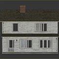 Two Story White Residential House With Gray Roof Red Chimney And Porch Columns