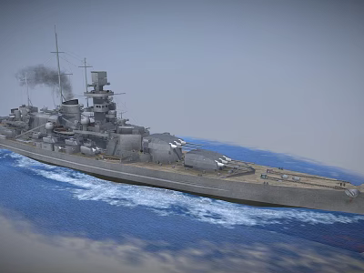Battleship Sailing on Vast Ocean with Smoke from Chimneys and Deck Cannons 3d model
