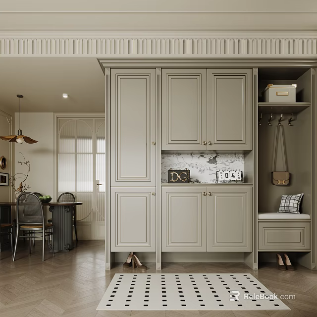 Modern Entryway With Cabinets Bench Hooks Clock And Shoes Storage 3d model