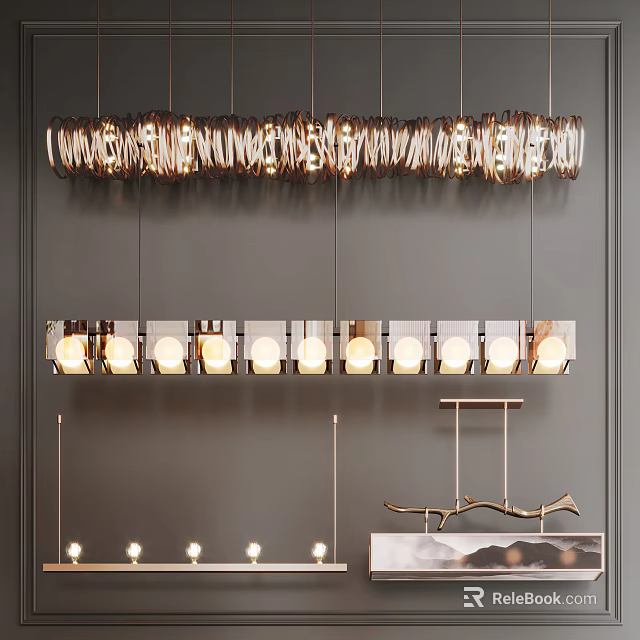 Modern Linear Chandelier With Metallic Frame And Illuminated Glass Shades For Interior Design 3d model 