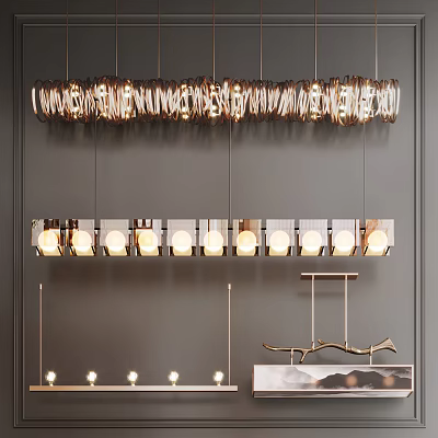 Modern Linear Chandelier With Metallic Frame And Illuminated Glass Shades For Interior Design 3d model