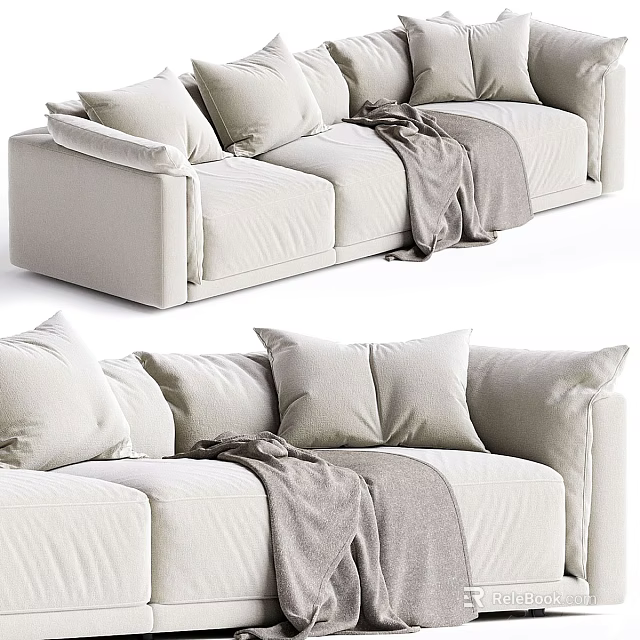 Modern Beige Sectional Sofa With Multiple Plush Pillows And Cozy Gray Blanket In Living Room 3d model 