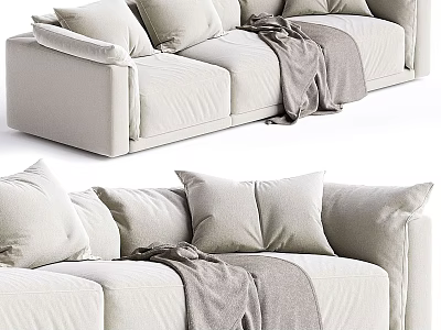 Modern Beige Sectional Sofa With Multiple Plush Pillows And Cozy Gray Blanket In Living Room 3d model