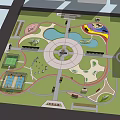 Urban Park Landscape With Circular Central Plaza Walking Paths Green Lawns Ponds And Playground