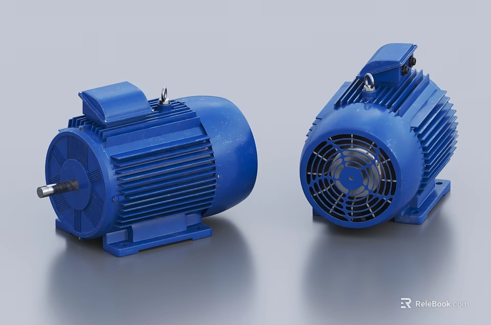 Blue Industrial Electric Motors Shown In Side And Front Views On Metallic Surface 3d model 