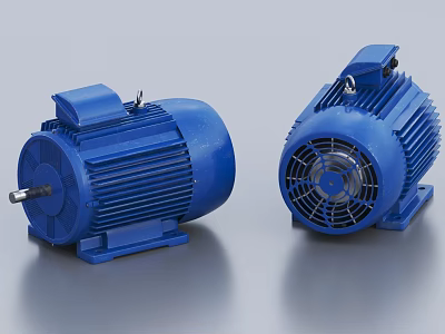 Blue Industrial Electric Motors Shown In Side And Front Views On Metallic Surface 3d model