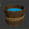 Wooden Washing Bucket with Rope Wrapped Design and Blue Liquid Inside for Daily Cleaning