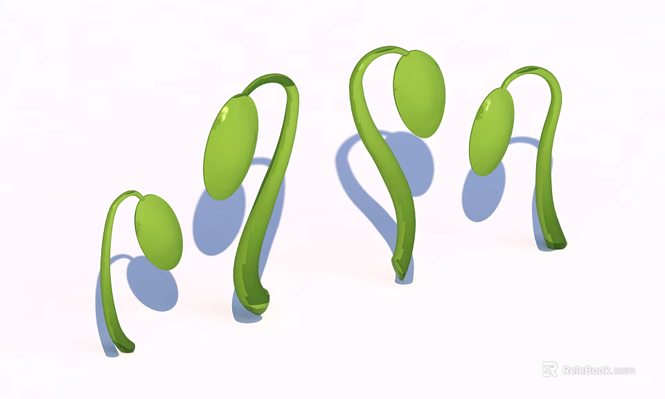 Cartoon Scene Featuring Green Seedling Shaped Characters Various Sizes Curved Stems Round Tops And Shadows 3d model 