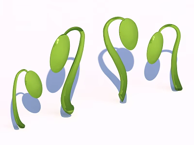 Cartoon Scene Featuring Green Seedling Shaped Characters Various Sizes Curved Stems Round Tops And Shadows 3d model