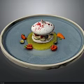 Delicious Meringue Dessert with Red Sprinkles on Blue Plate Fresh Berries and Green Sauce