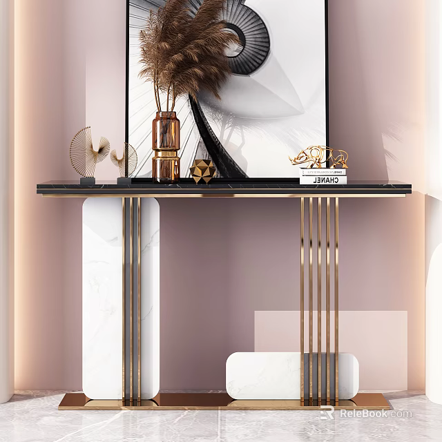 Elegant Modern Console Table With Gold Metal Frame Marble Top And Decorative Ornaments 3d model 